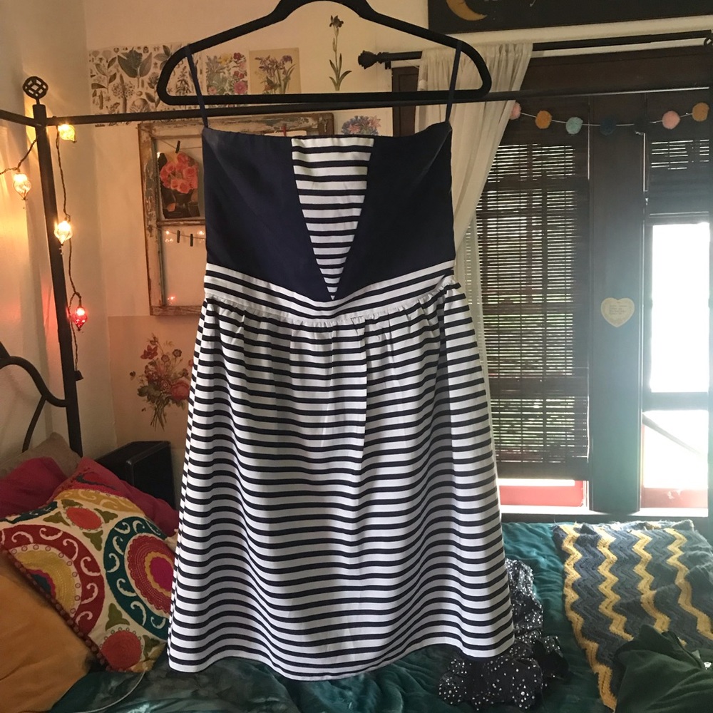 Navy blue and white strapless dress